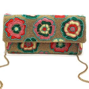 Floral Embroidery & Gold Beaded Clutch with Crossbody Chain